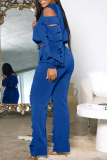 Blue Casual Solid Hollowed Out O Neck Long Sleeve Two Pieces