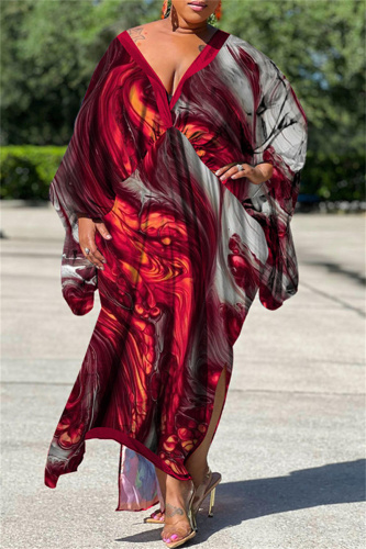 Red Gray Casual Print Patchwork V Neck Irregular Dress Plus Size Dresses