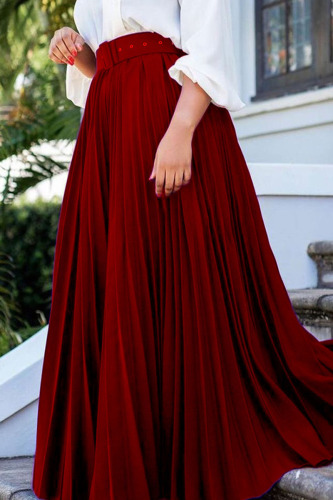 Burgundy Casual Solid Patchwork Fold With Belt High Waist Straight Solid Color Bottoms