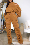 Khaki Casual Solid Hollowed Out O Neck Long Sleeve Two Pieces