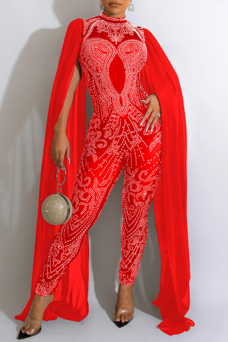 Red Sexy Patchwork Hot Drilling See-through Half A Turtleneck Skinny Jumpsuits