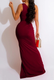 Red Sexy Solid Hollowed Out Slit Oblique Collar Sleeveless Dress Dresses