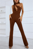 Brown Sexy Casual Solid Hollowed Out Backless Turtleneck Regular Jumpsuits
