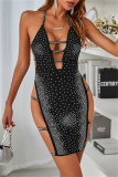 Black Sexy Patchwork Hot Drilling Hollowed Out Backless Halter Sleeveless Dress Dresses