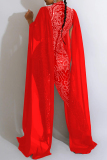 Red Sexy Patchwork Hot Drilling See-through Half A Turtleneck Skinny Jumpsuits