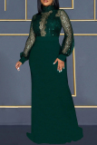 Ink Green Sexy Patchwork See-through Slit Turtleneck Long Sleeve Dresses