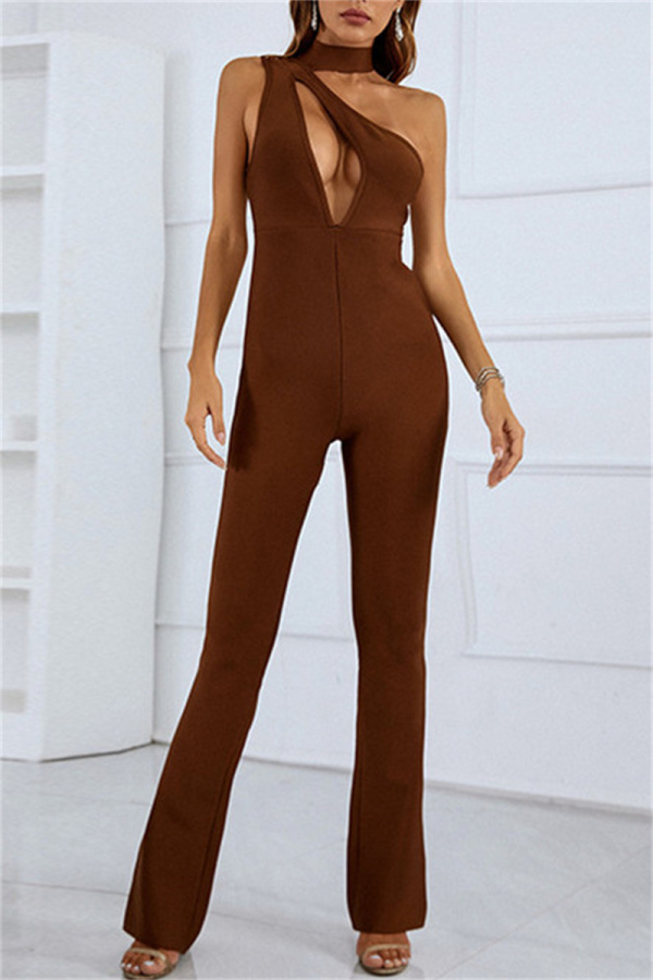 Brown Sexy Casual Solid Hollowed Out Backless Turtleneck Regular Jumpsuits