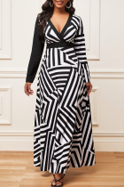 Black Casual Striped Patchwork V Neck Waist Skirt Dresses