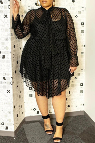 Black Sexy Casual Dot Hollowed Out See-through O Neck Long Sleeve Plus Size Two Pieces
