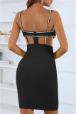 Black Sexy Patchwork Rhinestone Hollowed Out Backless Spaghetti Strap Sleeveless Dress Dresses
