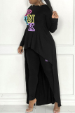 Black Casual Letter Print Asymmetrical O Neck Long Sleeve Two Pieces