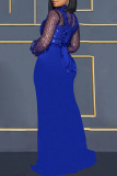 Blue Sexy Patchwork See-through Slit Turtleneck Long Sleeve Dresses