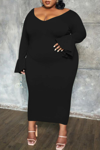Black Casual Solid Patchwork V Neck Long Sleeve Plus Size Dresses