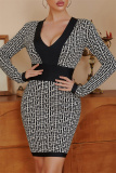Black Sexy Casual Print Patchwork V Neck Long Sleeve Dresses