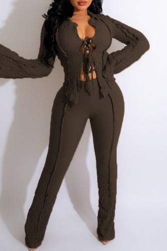 Brownness Casual Solid Bandage V Neck Long Sleeve Two Pieces