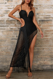 Black Sexy Solid Tassel Hollowed Out Patchwork Backless Spaghetti Strap Long Dress Dresses
