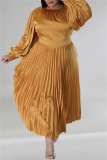 Gold Casual Solid Patchwork Fold O Neck Pleated Plus Size Dresses