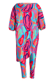 Multicolor Fashion Casual Print Asymmetrical O Neck Plus Size Two Pieces