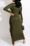 Green Casual Print Tassel Patchwork O Neck Long Sleeve Dresses