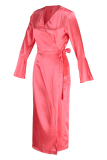 Watermelon Red Fashion Casual Solid Patchwork V Neck Long Sleeve Dresses