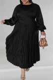 Black Casual Solid Patchwork Fold O Neck Pleated Plus Size Dresses