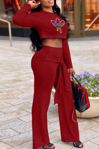 Red Casual Print Patchwork Frenulum O Neck Long Sleeve Two Pieces