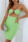 Green Sexy Patchwork Rhinestone Hollowed Out Backless Spaghetti Strap Sleeveless Dress Dresses