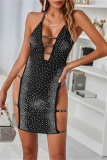 Black Sexy Patchwork Hot Drilling Hollowed Out Backless Halter Sleeveless Dress Dresses