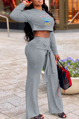 Grey Casual Print Patchwork Frenulum O Neck Long Sleeve Two Pieces