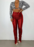 Red Street Solid Fold Skinny High Waist Pencil Solid Color Bottoms
