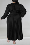 Black Casual Solid Patchwork Fold O Neck Pleated Plus Size Dresses