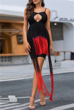Black Sexy Patchwork Tassel Hollowed Out Backless Spaghetti Strap Sleeveless Dress Dresses