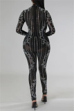 Black Sexy Patchwork Hot Drilling See-through Half A Turtleneck Skinny Jumpsuits