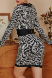 Black Sexy Casual Print Patchwork V Neck Long Sleeve Dresses