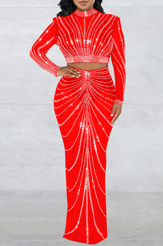 Red Black Hot Drilling Sheer Long Sleeve Crop Top and Maxi Skirt Formal Party Glitter Two Piece Dress Set