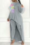 Grey Casual Letter Print Asymmetrical O Neck Long Sleeve Two Pieces