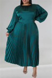Green Casual Solid Patchwork Fold O Neck Pleated Plus Size Dresses