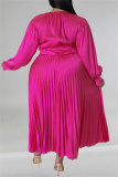 Rose Red Casual Solid Patchwork Fold O Neck Pleated Plus Size Dresses