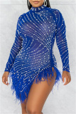 Black Sexy Patchwork Hot Drilling See-through Feathers Beading Asymmetrical Half A Turtleneck Long Sleeve Dresses