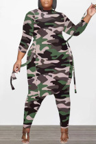 Camouflage Fashion Casual Print Bandage Patchwork Asymmetrical O Neck Plus Size Two Pieces