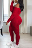 Red Casual Solid Backless Off the Shoulder Long Sleeve Two Pieces