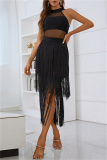 Black Sexy Solid Tassel Patchwork See-through O Neck Sleeveless Dress Dresses