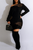 Black Sexy Casual Solid See-through O Neck Long Sleeve Dresses