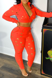 Tangerine Red Sexy Solid Ripped Turndown Collar Long Sleeve Two Pieces
