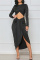 Black Sexy Casual Solid Hollowed Out Asymmetrical O Neck Long Sleeve Dresses