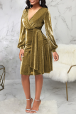 Gold Casual Solid Bandage V Neck Waist Skirt Dresses