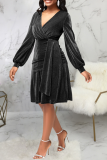 Black Casual Solid Bandage V Neck Waist Skirt Dresses