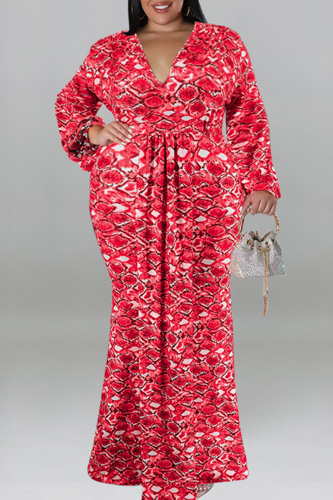 Red Casual Print Patchwork V Neck Long Sleeve Plus Size Dresses
