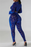 Blue Sexy Casual Patchwork Feathers O Neck Long Sleeve Two Pieces