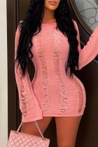 Pink Sexy Solid Hollowed Out See-through O Neck Long Sleeve Dresses